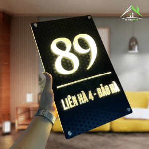 Bảng, Biển Số Nhà. Có Đèn LED, Mica Cháo + Mica Đen In Họa Tiết, Số Nổi 1cm, Ngoài Trời