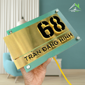 Bảng, Biển Số Nhà. Có Đèn LED – Inox Xước Vàng + Mica In UV Màu, Số Nổi 10mm