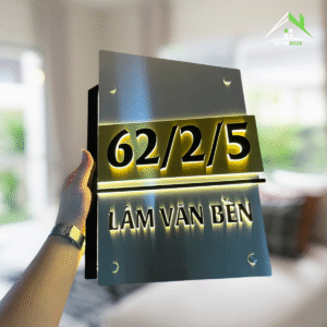 Bảng, Biển Số Nhà. Có đèn LED – Inox Xước Trắng, Xước Vàng + Mica Đen, Số Nổi 10mm + In UV