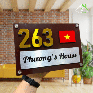 Biển Số Nhà Nền Alu Nâu, Cờ Việt Nổi, Số Nổi Vàng Gương