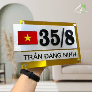 Biển Số Nhà Alu Vân Đá Bạc + Vàng Gương – Số Nổi, Có Lá Cờ Tổ Quốc