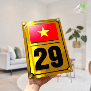 Biển Số Nhà Decor Hình Lá Cờ Việt Nam – Alu Vàng Gương – Nội Dung Nổi Sang Trọng