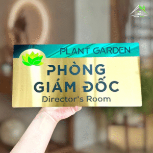 BIỂN TÊN, SỐ PHÒNG, Nền Inox 304 Vàng xước + Gương xanh lá - Nội dung âm bản + In UV. BSP-AT9