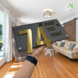 Biển Số Nhà Decor Mẫu Bee Home – Nền Mica Cán Ghi Sần, Inox 304 Vàng Xước, Số Nổi.