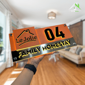 Biển Số Nhà Decor Có Đèn LED – Inox 304 Bạc Xước + Mica In UV Màu Cam, Nội Dung Nổi Sang Trọng